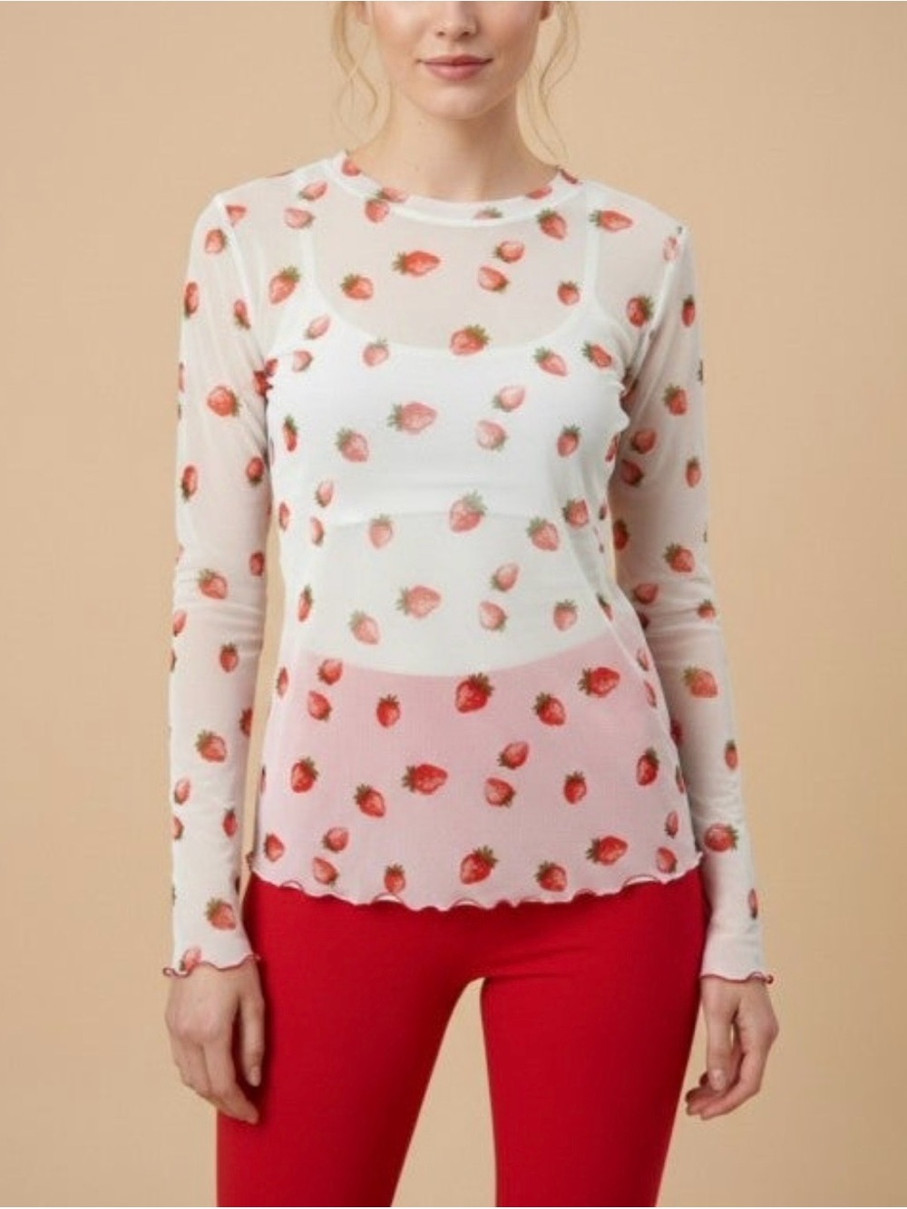 New J.nna Long Sleeve Mesh Sheer Strawberry Print Top Size 1X